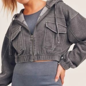 Jolie Joy Cropped Hoodie Zip Sweatshirt Stretch Elastic Flap Pockets Soft Size L